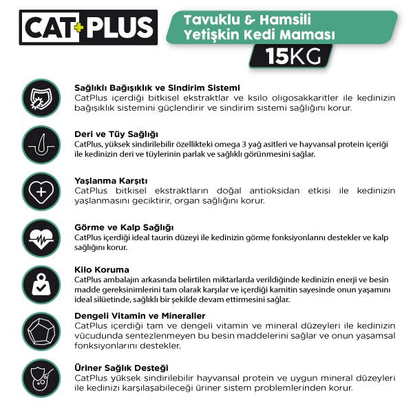 Cat Plus Düşük Tahıllı 34/16 Hipoalerjenik Tavuklu ve Hamsili Yetişkin Kedi Kuru Maması 15 kg