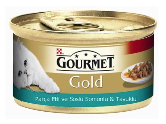 Gourmet Gold Parça Etli Somonlu ve Tavuklu Yetişkin Kedi Konserve Yaş Maması 12X85 gr