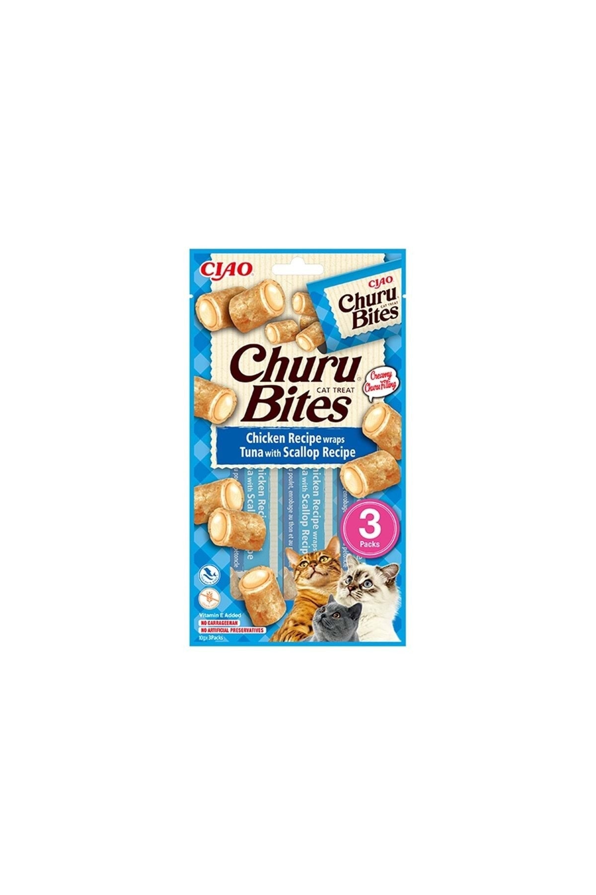 İnaba Churu Bites Tavuk Sargılı Deniz Taraklı ve Ton Balıklı Yetişkin Kedi Krama Ödül Maması 3X10 gr