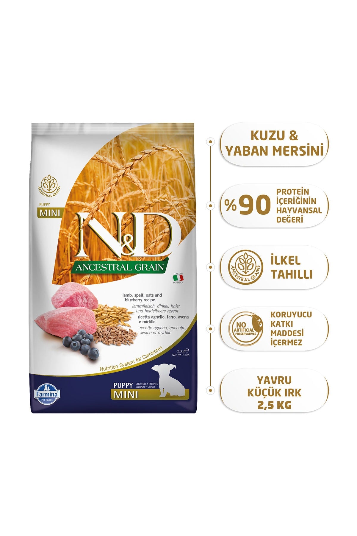 N&D A.Grain Düşük Tahıllı Kuzulu ve Yaban Mersinli Mini Irk Yavru Köpek Kuru Maması 2,5 kg