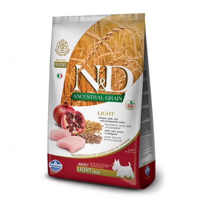 N&D A.Grain Düşük Tahıllı Tavuklu ve Narlı Light Mini Irk Yetişkin Köpek Kuru Maması 2,5 kg