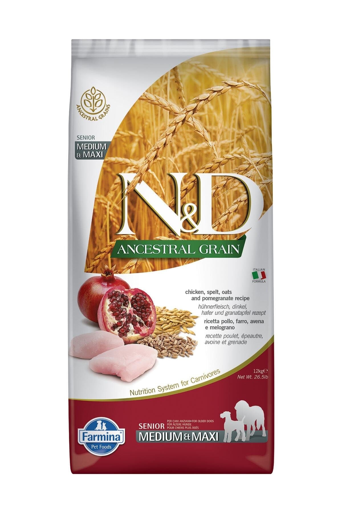 N&D A.Grain Düşük Tahıllı Tavuklu ve Narlı Orta ve Büyük Irk Yaşlı Köpek Kuru Maması 12 kg