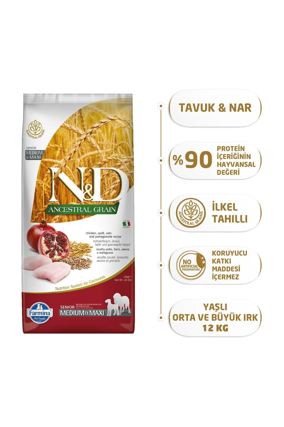 N&D A.Grain Düşük Tahıllı Tavuklu ve Narlı Orta ve Büyük Irk Yaşlı Köpek Kuru Maması 12 kg