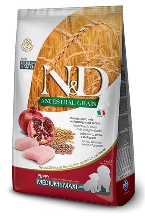 N&D A.Grain Düşük Tahıllı Tavuklu ve Narlı Orta ve Büyük Irk Yavru Köpek Kuru Maması 2,5 kg