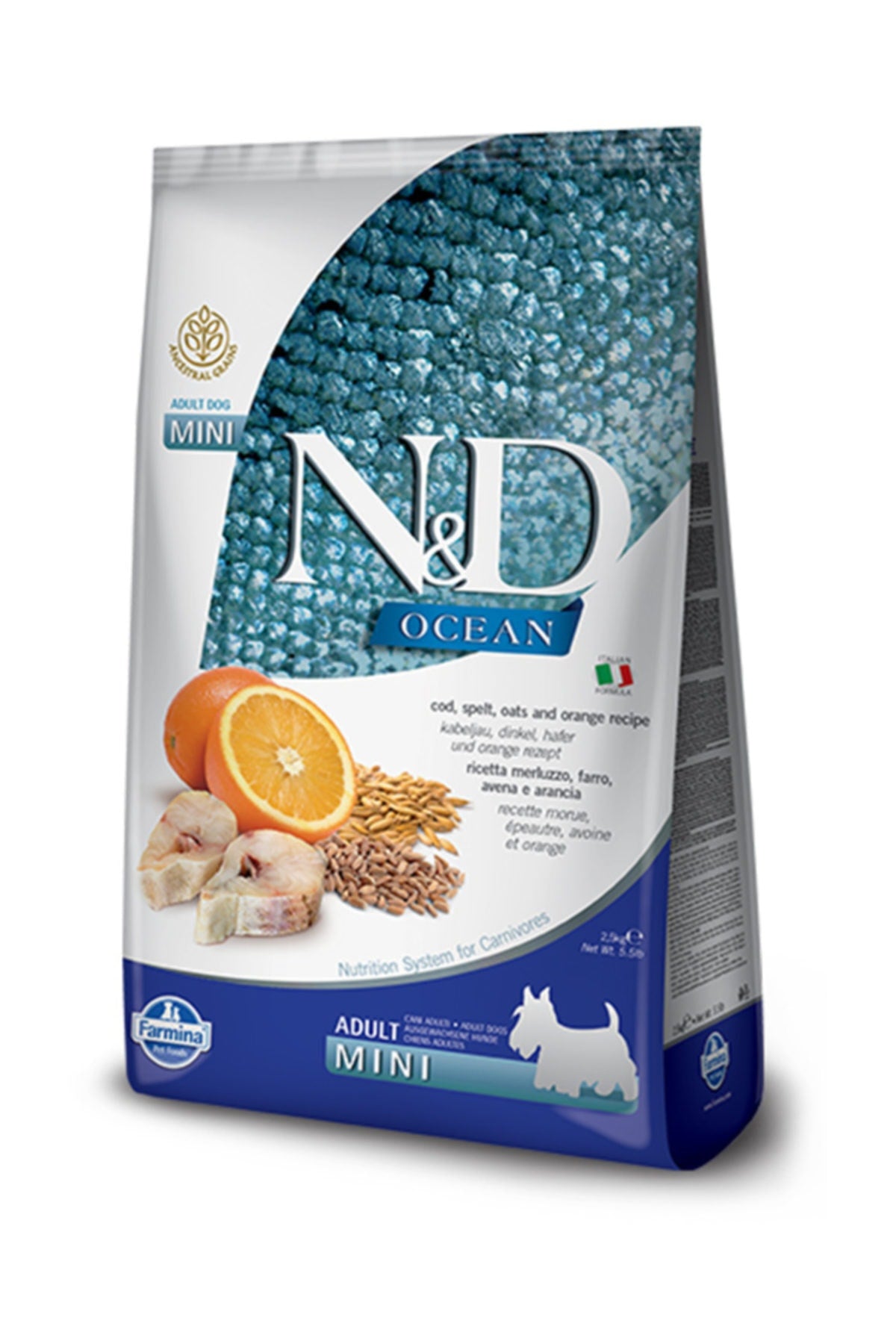 N&D Ocean Düşük Tahıllı Morina Balığı ve Portakallı Mini Irk Yetişkin Köpek Kuru Maması 7 kg