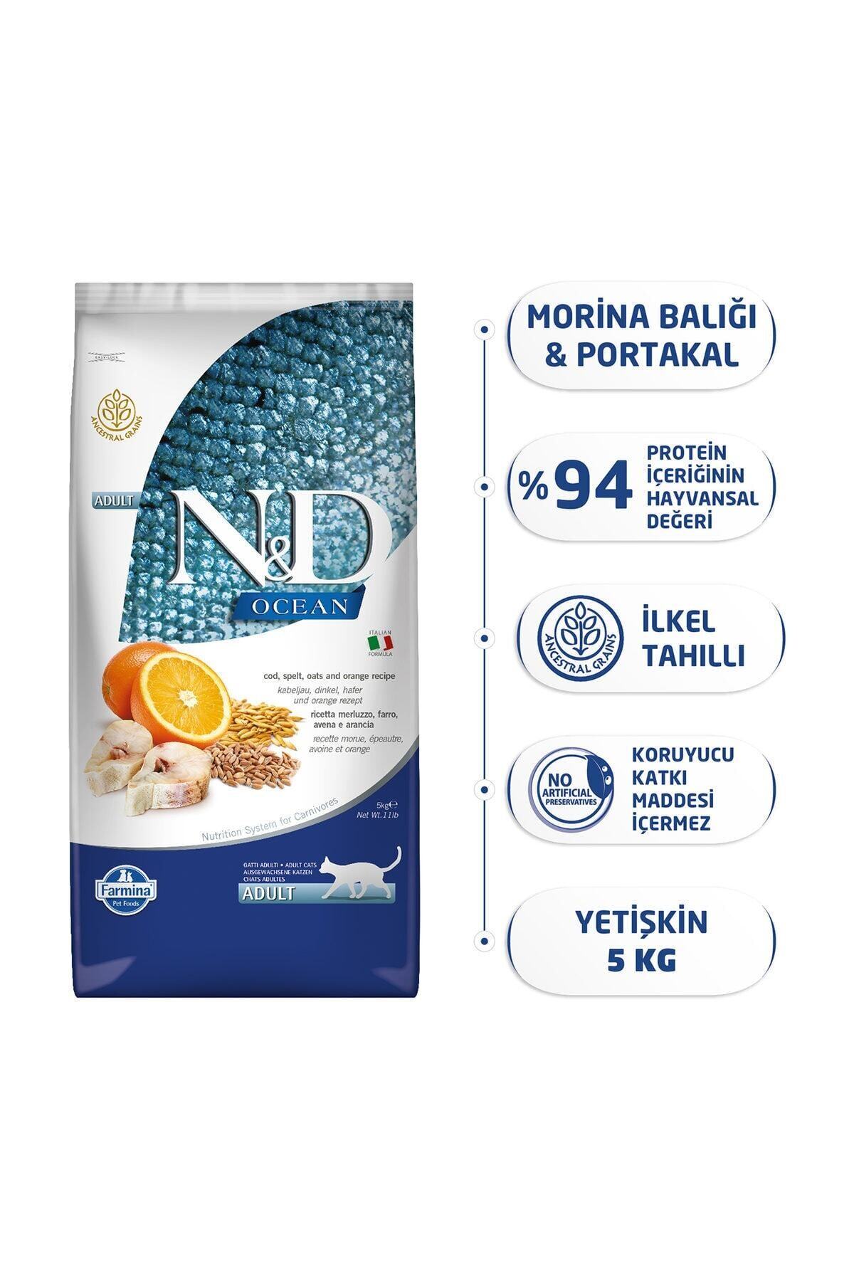 N&D Ocean Düşük Tahıllı Morina Balığı ve Portakallı Yetişkin Kedi Kuru Maması 5 kg
