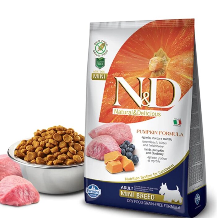 N&D Pumpkın Tahılsız Kuzulu ve Yaban Mersinli Mini Irk Yetişkin Köpek Kuru Maması 7 kg