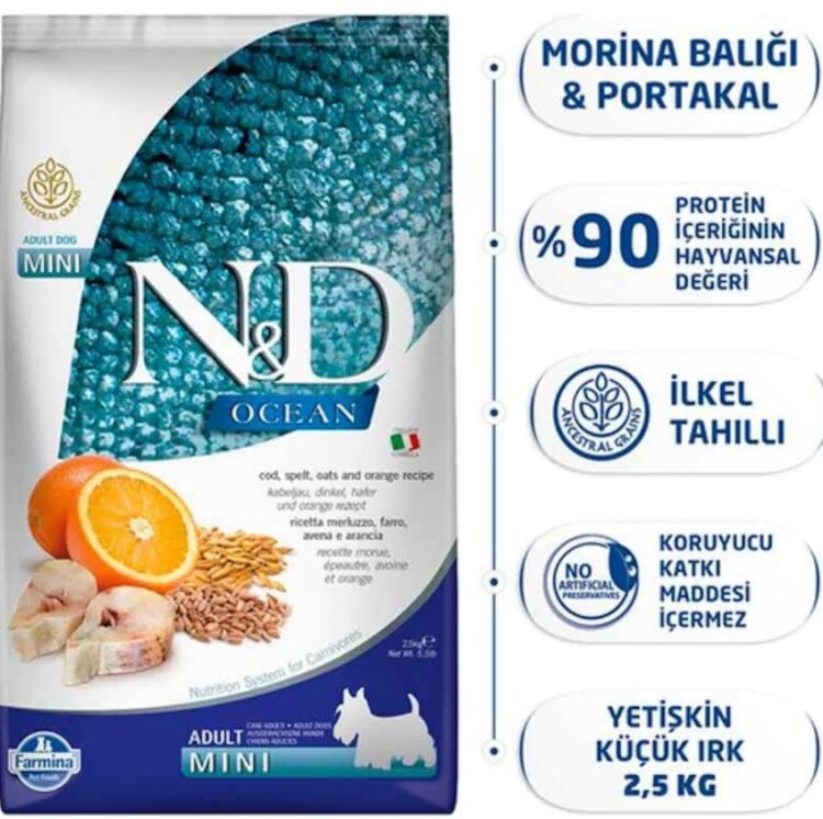 N&D Ocean Düşük Tahıllı Morina Balığı ve Portakallı Mini Irk Yetişkin Köpek Kuru Maması 2,5 kg