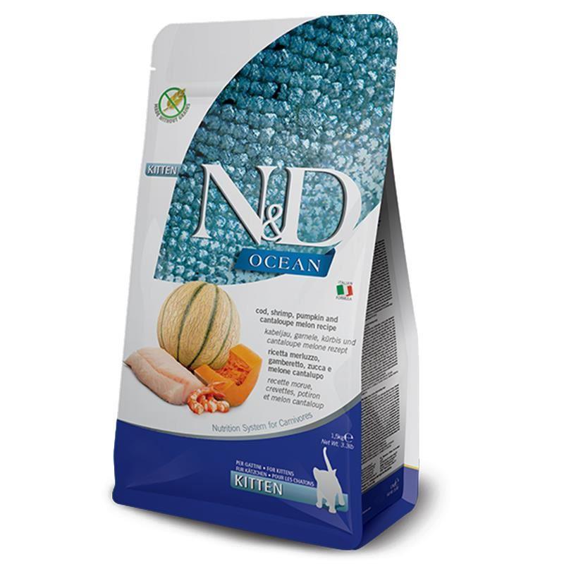 N&D Ocean Tahılsız Morina Balığı & Karidesli & Balkabaklı ve Kavunlu Yavru Kedi Kuru Maması 1,5 kg