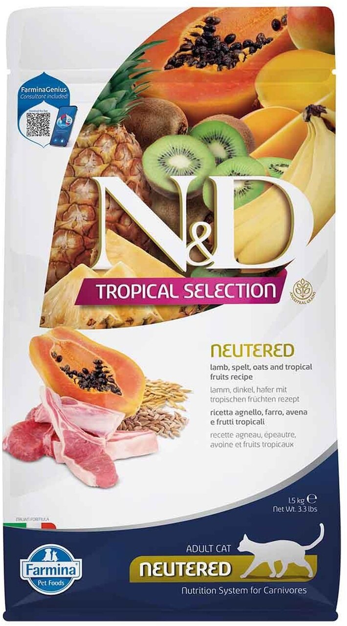 N&D Tropical Selection Kuzulu ve Tropikal Meyveli Kısırlaştırılmış Düşük Tahıllı Yetişkin Kedi Kuru Maması 1,5 kg