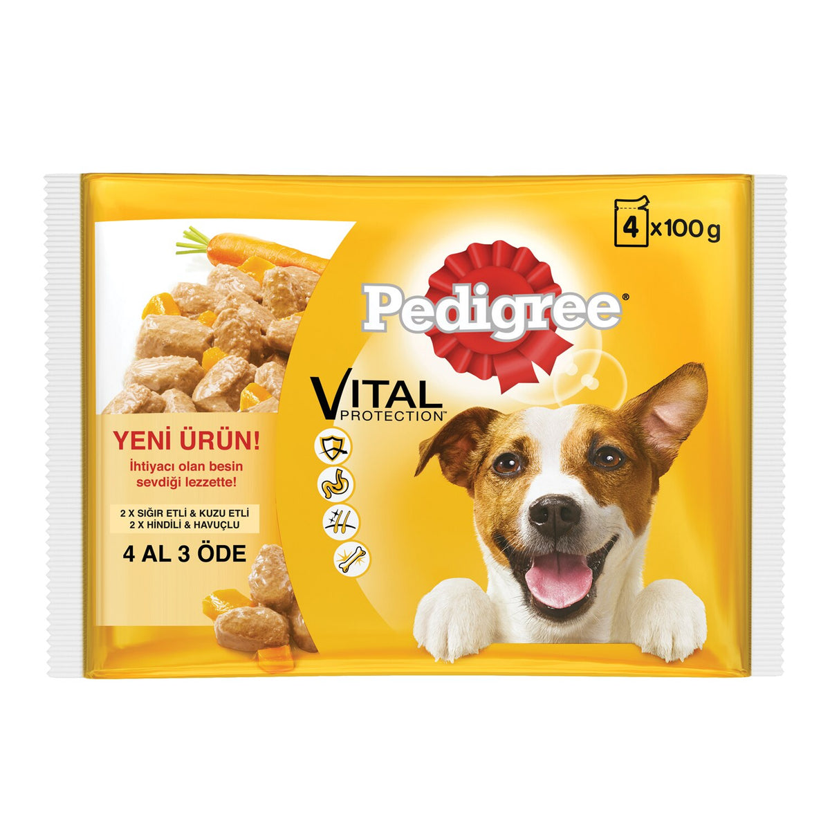 Pedigree Multipack Biftekli ve Kuzulu & Hindili ve Havuçlu Yetişkin Köpek Yaş Maması 4 X100 gr