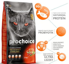 Prochoice Pro 33 Somonlu ve Karidesli Kısırlaştırılmış Yetişkin Kedi Kuru Maması 2 kg