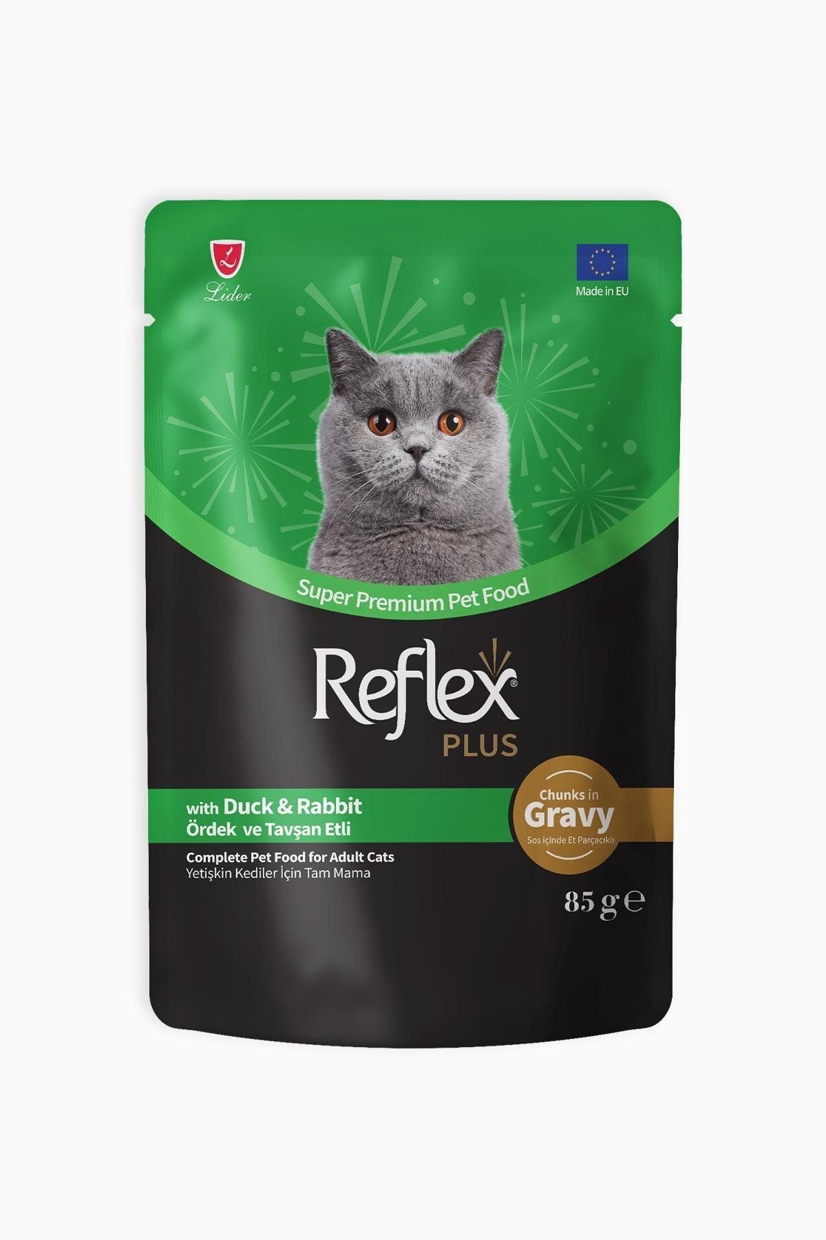 Reflex Plus Ördekli & Tavşan Etli Gravy Soslu ve Et Parçacıklı Yetişkin Kedi Yaş Maması 85 gr