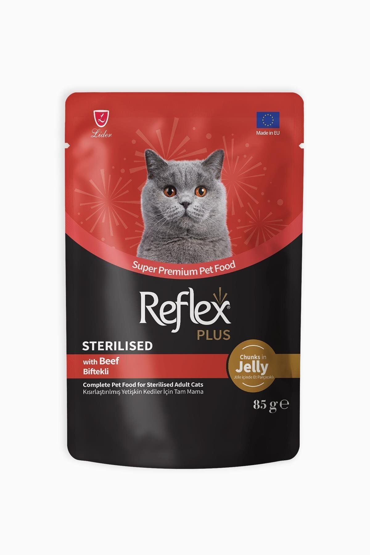 Reflex Plus Sığırlı Jelly Soslu et Parçacıklı Kısırlaştırılmış Yetişkin Kedi Yaş Maması 85 gr