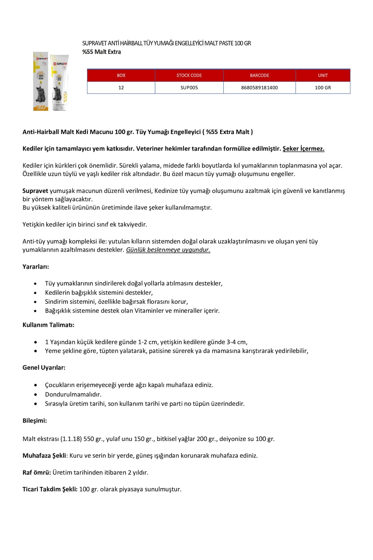 Supravet Anti Hairball Kediler Için Malt Macun 100 gr