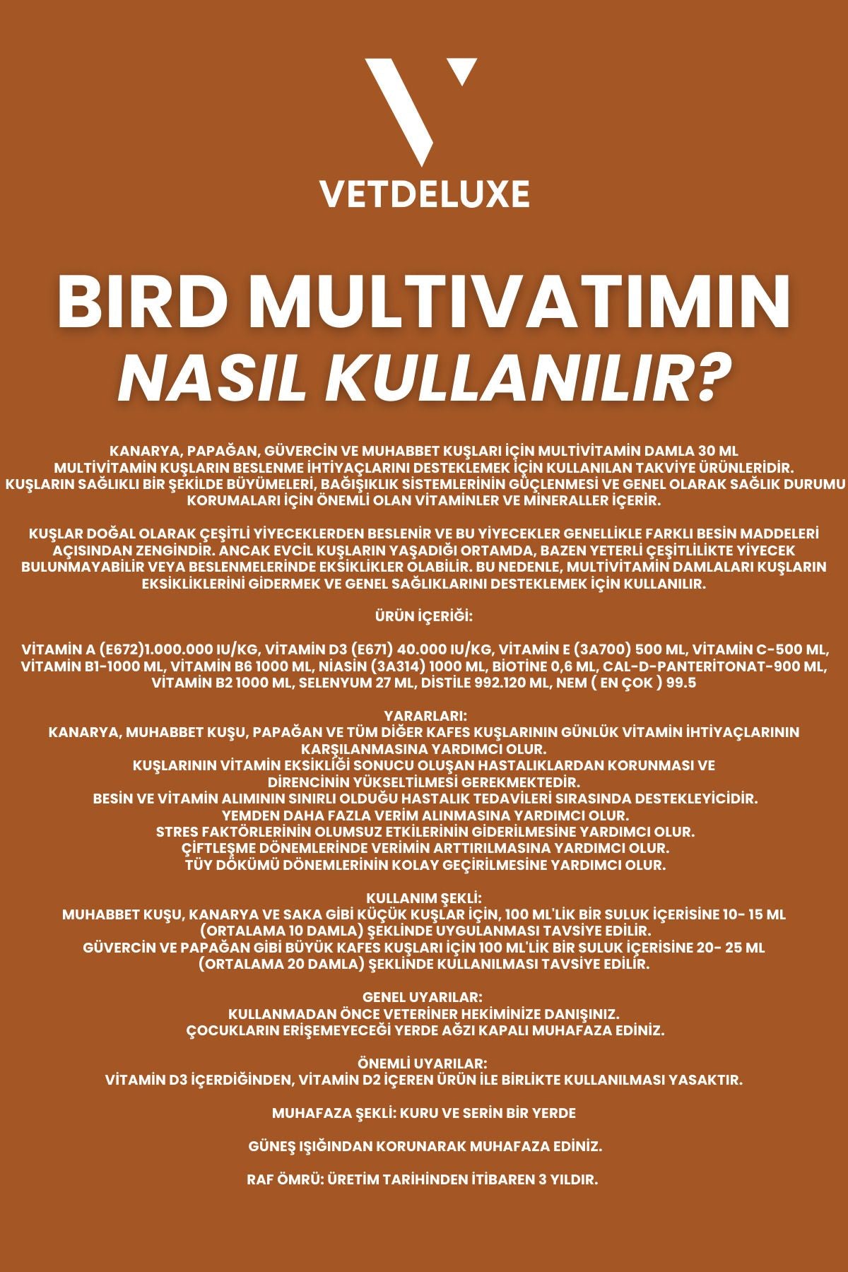 Vetdeluxe Kuşlar İçin Multivitamin Damlası 30 ml