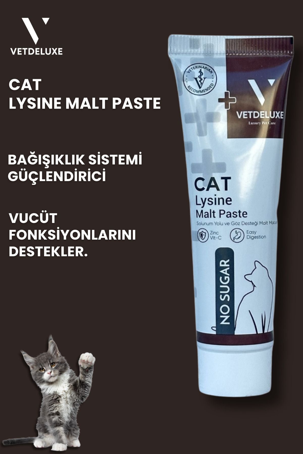 Vetdeluxe Lysine Göz Sağlığı ve Solunum Yolu Destekleyici Yetişkin Kedi Malt Macunu 100 ml
