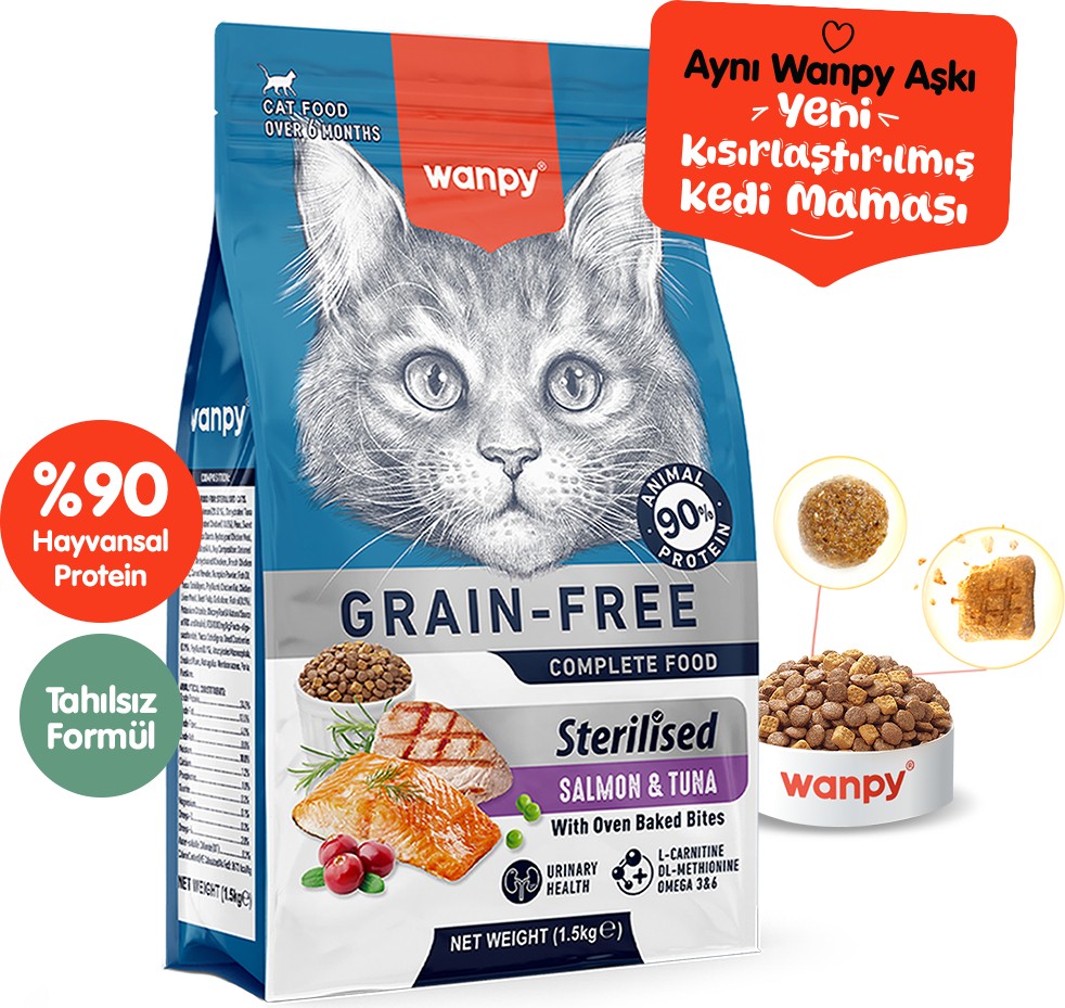 Wanpy Tahılsız Somonlu ve Ton Balıklı Kısırlaştırılmış Yetişkin Kedi Kuru Maması 1,5 kg